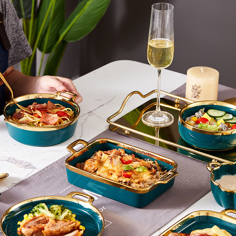 Ceramic Tableware Electroplated Gilded Round Baking Bowl