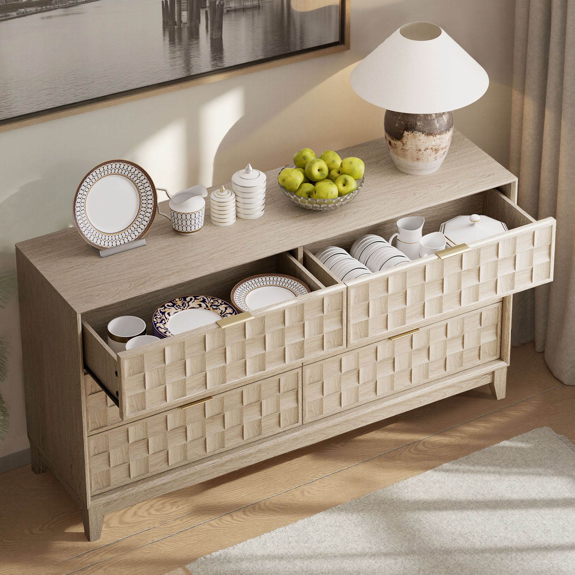 Modern Wooden 6 Drawer Dresser 55in, Side Board Buffet Storage Cabinet, Accent Cabinet With Metal Handles, Oak