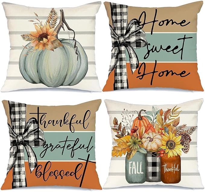 4-Piece Fall Pillow Covers, 18x18 Inch Pumpkin Farmhouse Decorative Cushion Covers For Sofa