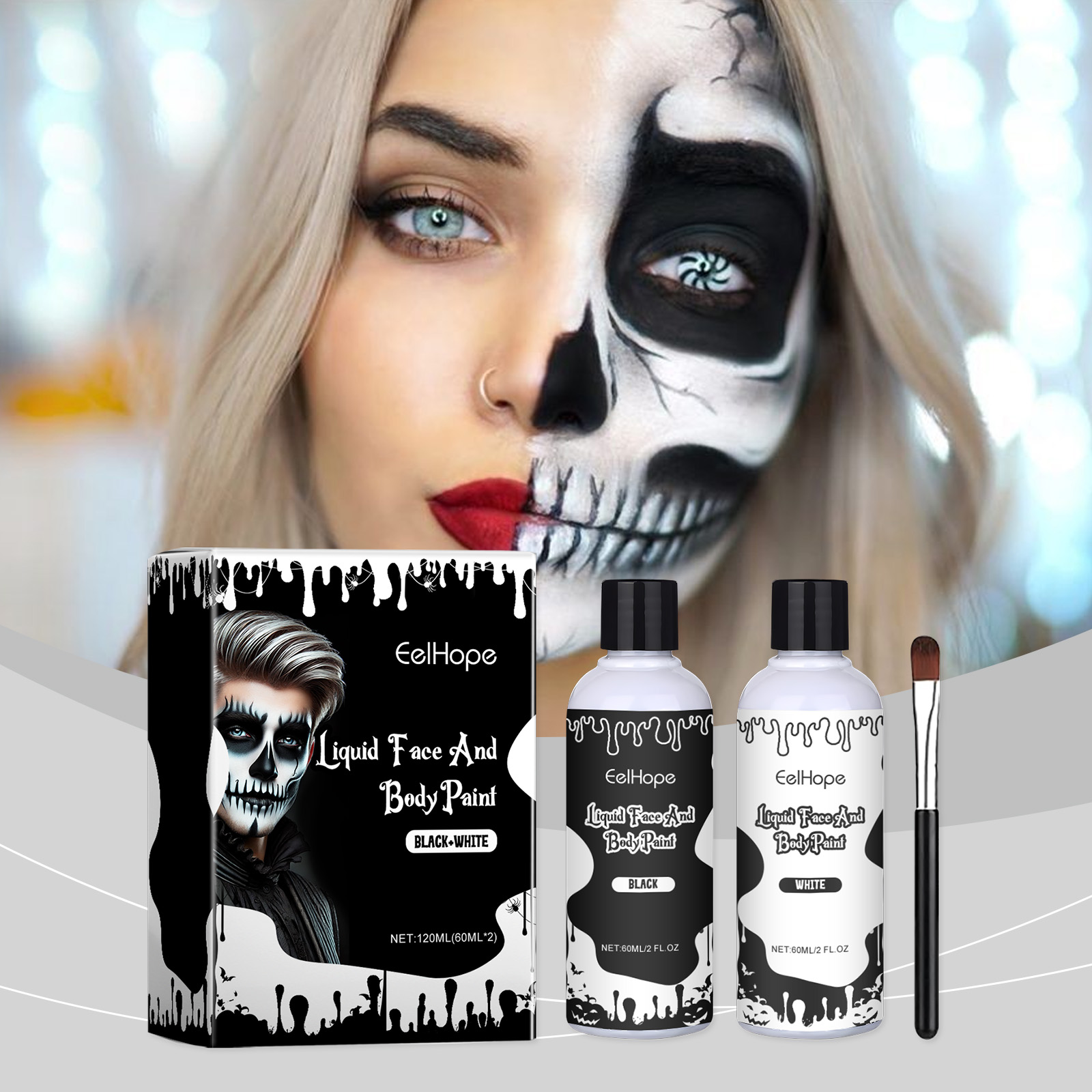 Halloween Black White Liquid Face Body Paint, Quick Dry Face Painting Kit With Brush, Long Lasting Face Paint For Halloween Skeleton Cosplay