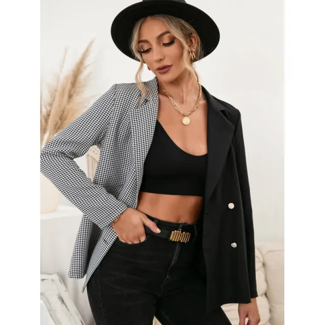 Houndstooth Pattern Stitching Slim Single breasted Suit Black - Shop at LoveMi