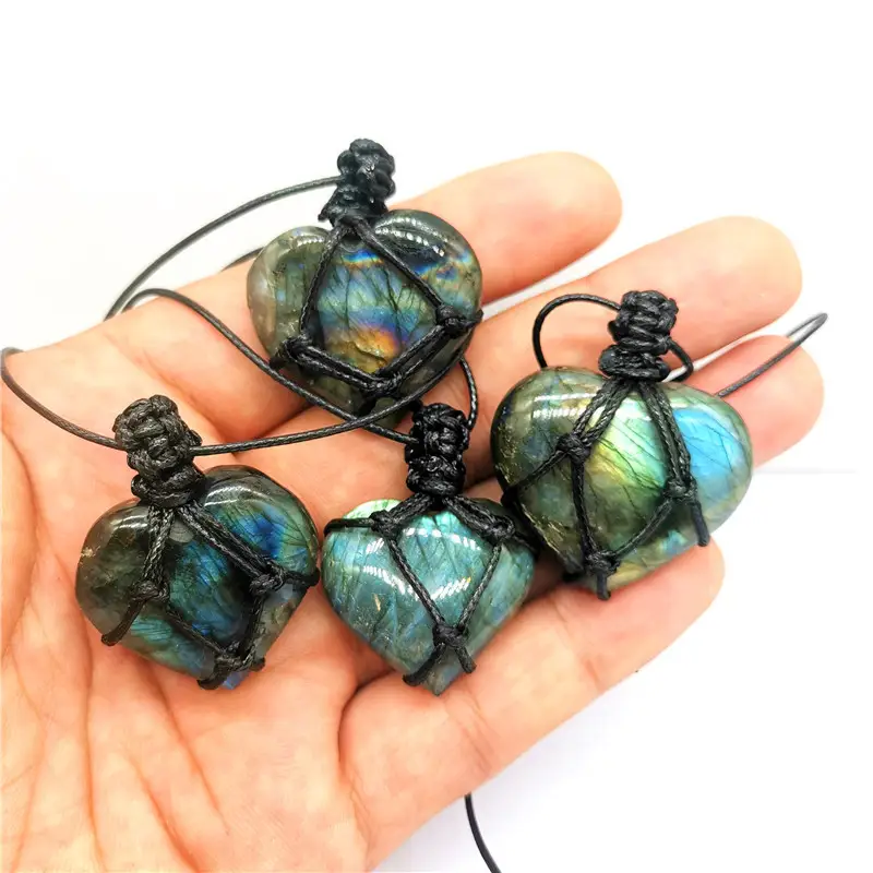 Natural Crystal Labradorite Heart Shaped Net Pouch Pendant Moonstone Necklace Blu-ray