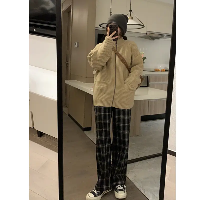 Nubuck Thickened Thin High-waist Elastic Straight-leg Plaid Casual Pants