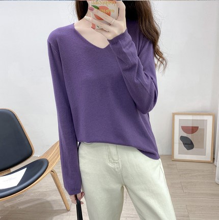 Title 14, Loose Slimming V-neck Solid Color Long-sleeved ...