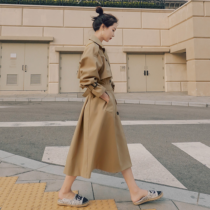 Double Breasted Waist Belt Khaki Loose Coat For Women