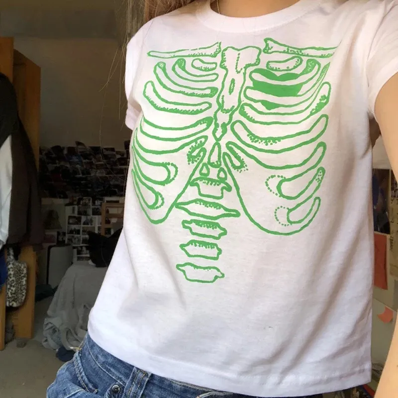 New Women's T-Shirt Top Harajuku Vintage Skull Print - Green