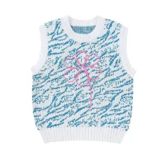Women's Round Neck Sleeveless Embroidered Flower Knitted Vest - Blue - View 1