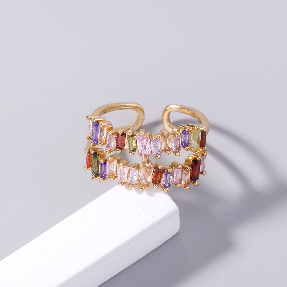 Irregular Square Double Row Color Zircon Ring