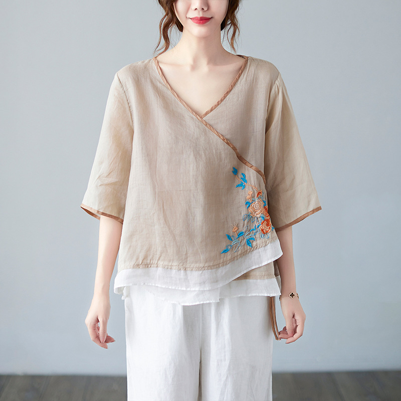 New Style Literary Retro Cotton And Linen Embroidery Blouse