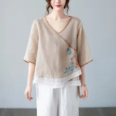 New Style Literary Retro Cotton And Linen Embroidery Blouse - Apricot - View 1