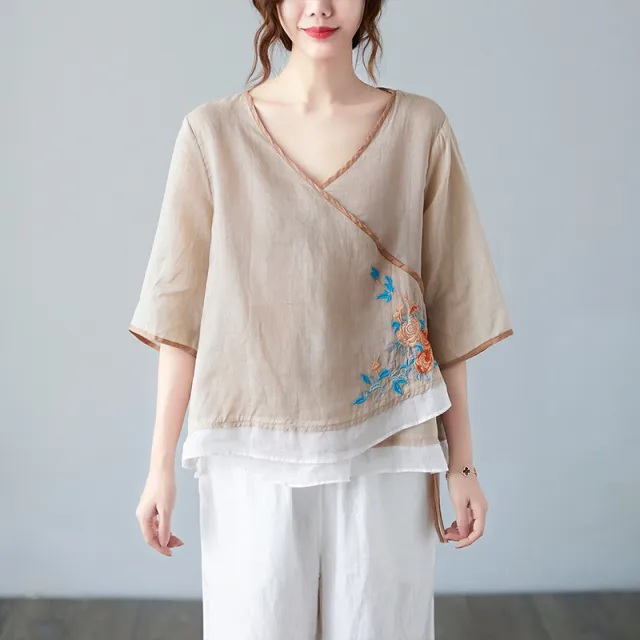 New Style Literary Retro Cotton And Linen Embroidery Blouse Apricot - Shop at LoveMi