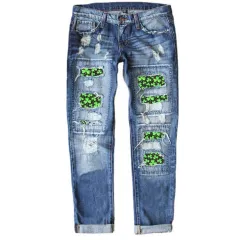 Printed Washed Loose Fitting Wide Leg Jeans - Whitetip Clover - View 1