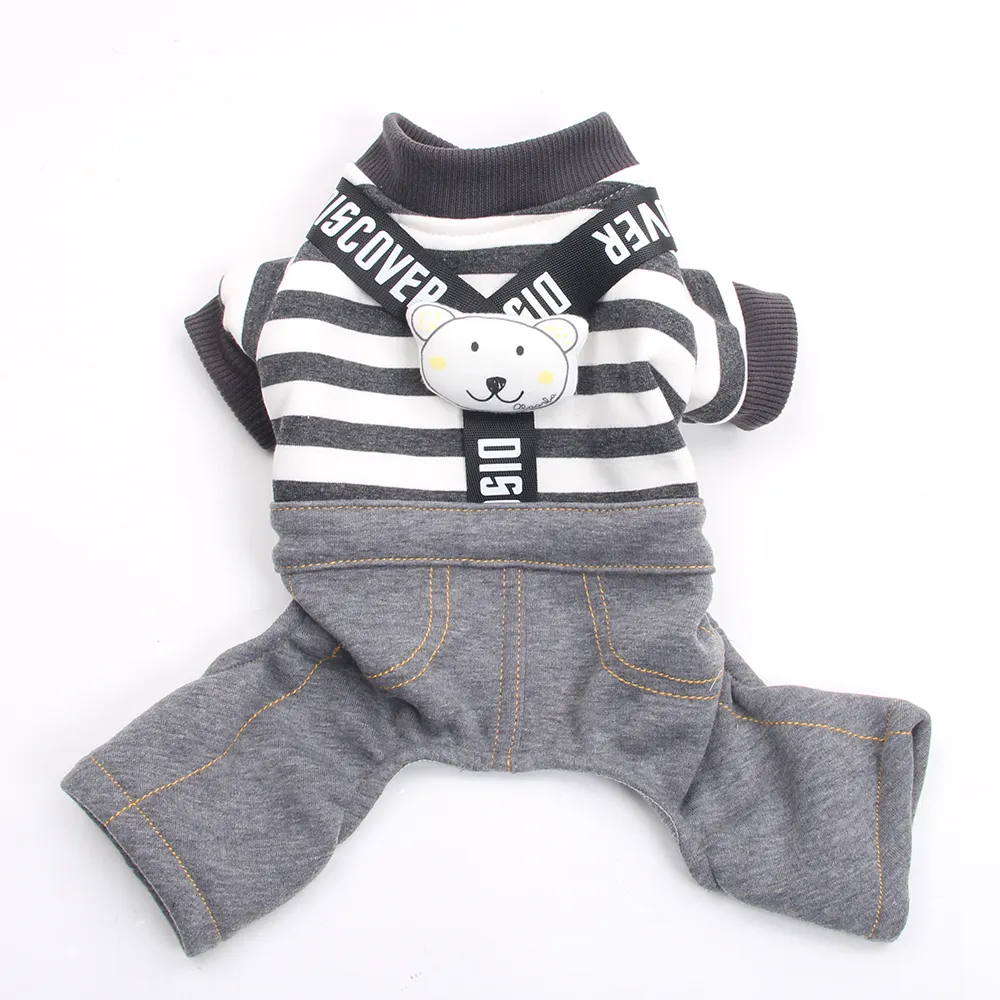 Small Dog Warm Casual Striped Strap Pants - Grey White Stripe