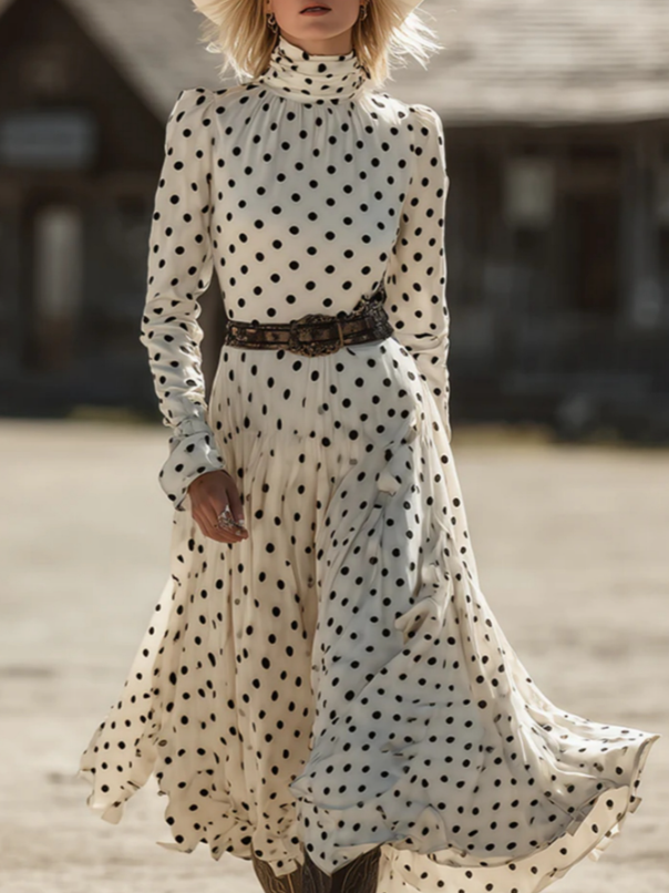 Polka Dot High neck Long sleeved Fitted Midi Dress White - Shop at LoveMi