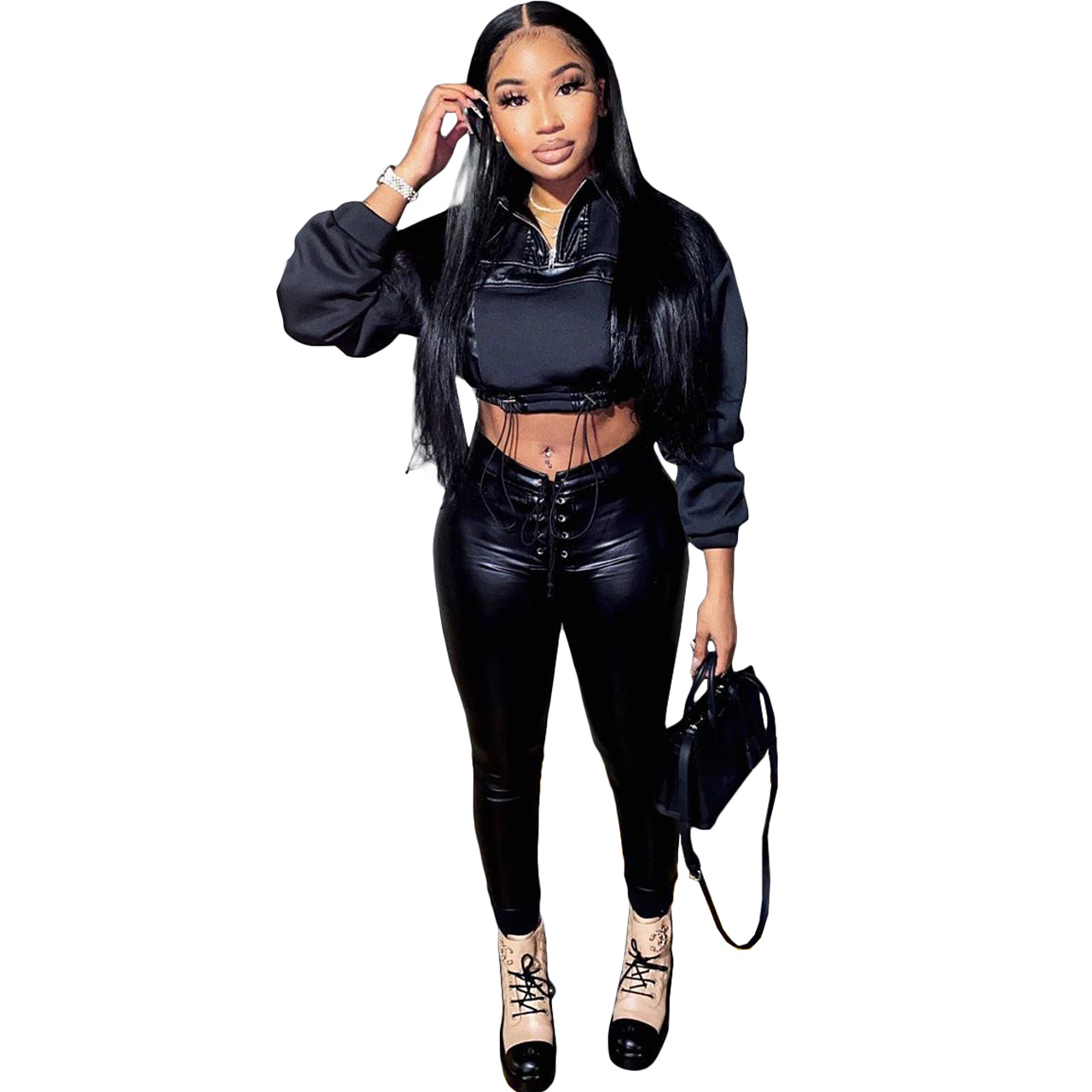 Leather Stitching Tight-fitting Two-piece Suit