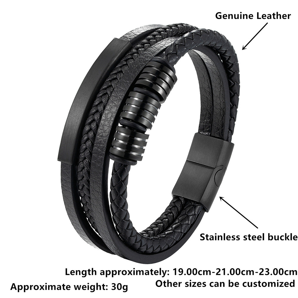 Men's Titanium Steel Leather Woven Bracelet Stainless Steel Magnet Buckle Multilayer Leather
