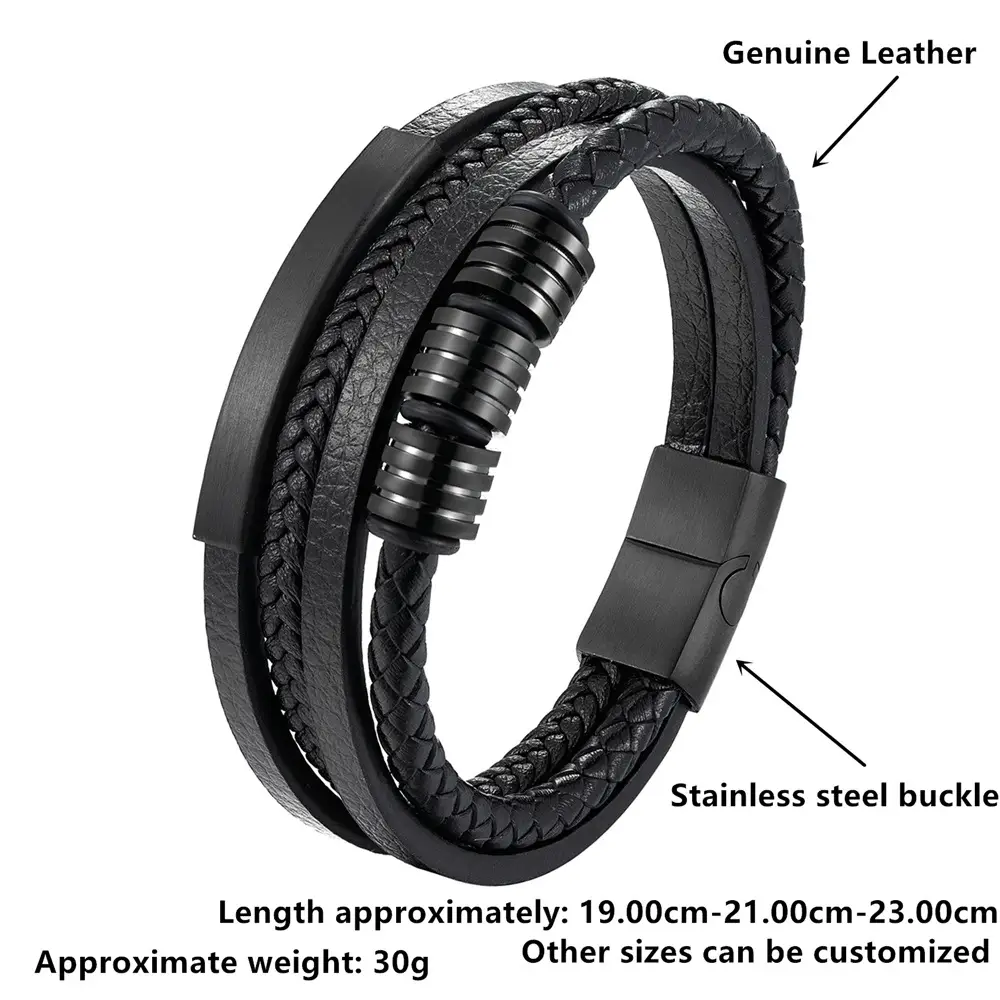 Men's Titanium Steel Leather Woven Bracelet Stainless Steel Magnet Buckle Multilayer Leather