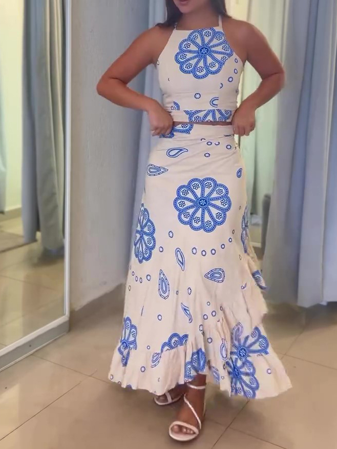 Holiday Cashew Flower Print Sling Ruffle Skirt Set