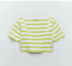 New Two-tone Striped Square Neckline Cropped Short T-shirt - Green And White Strips - View 1
