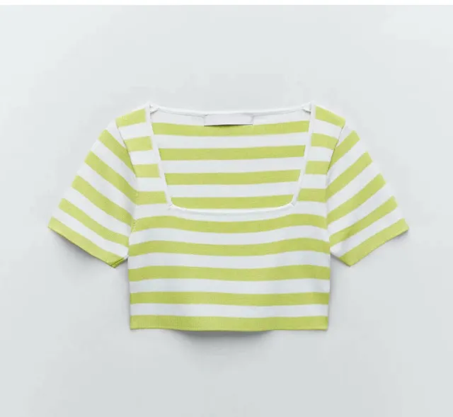 New Two tone Striped Square Neckline Cropped Short T shirt Green And White Strips - Shop at LoveMi