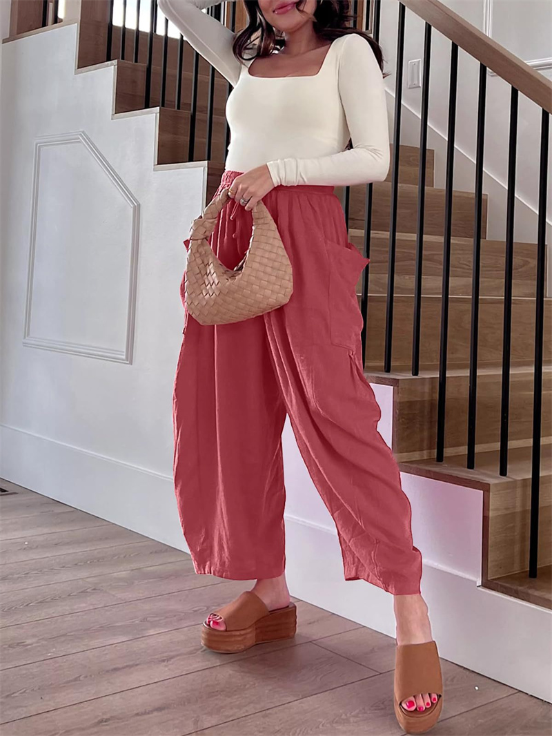 Fashion Wide Leg Pants Summer Loose Elastic High Waist Pleated Trousers Solid Color Womens Clothing Pink - Shop at LoveMi