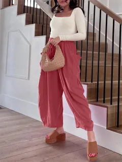 Fashion Wide Leg Pants Summer Loose Elastic High Waist Pleated Trousers Solid Colour Womens Clothing - Pink - View 1