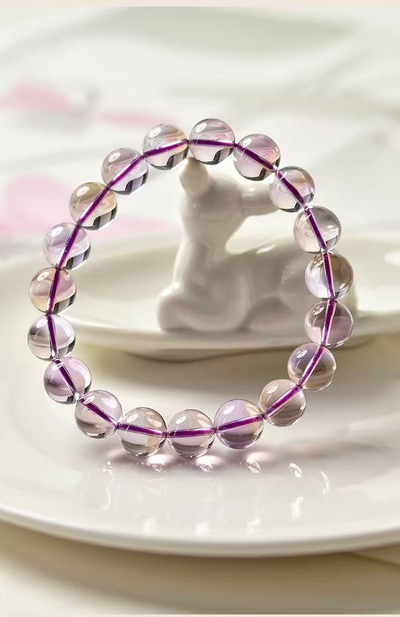 Natural Ametrine Bracelet Two Tone Round Beaded Chain Energy Jewelry For Women