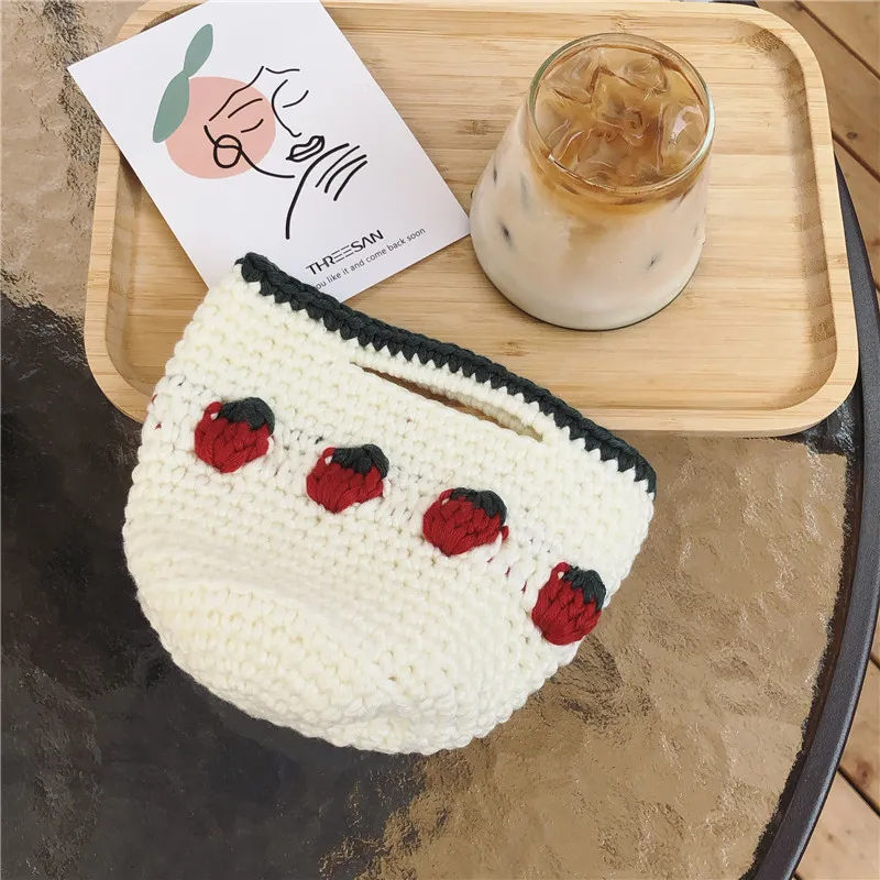 Cartoon Fruit Wool Knitted Storage Tote Bag - White