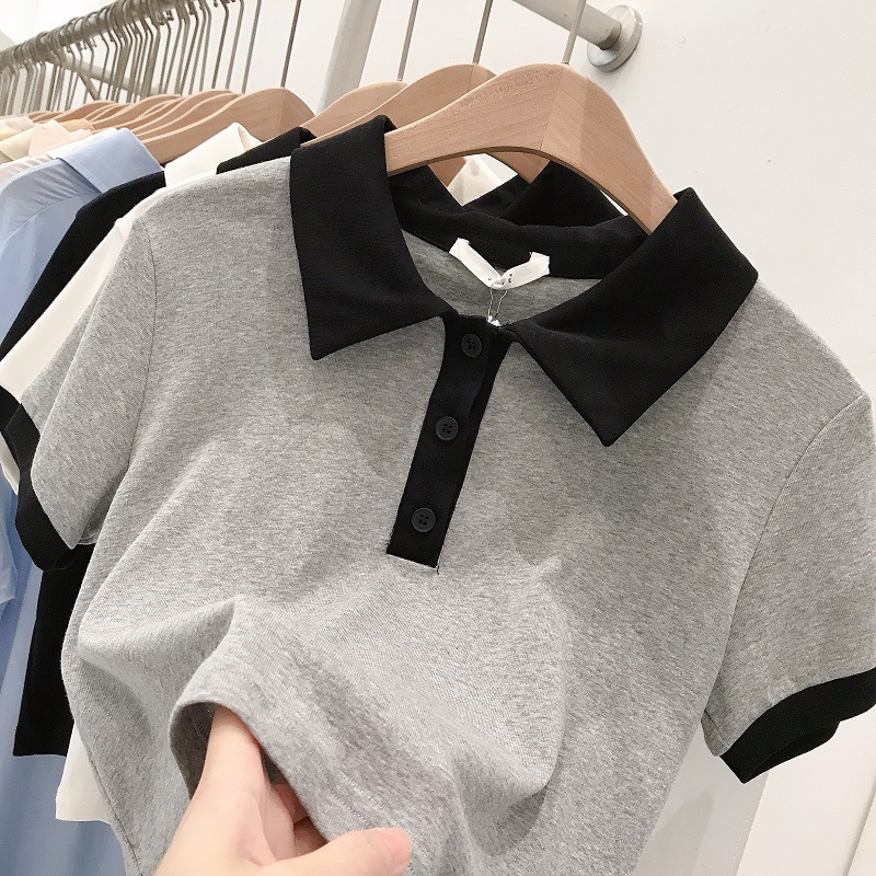 Title 4, Top Solid Color Polo Shirt Lapel Short High-wai...