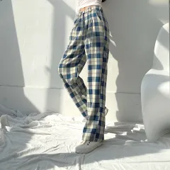 Ice Silk Pants High Waist Plaid Pants Korean Loose Wide-leg Pants - Blue - View 1