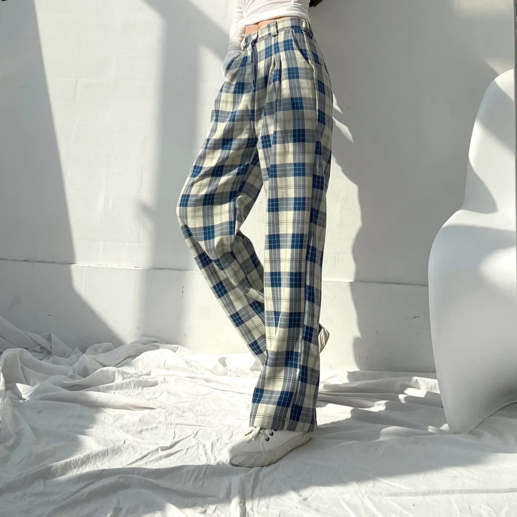 Ice Silk Pants High Waist Plaid Pants Korean Loose Wide-leg Pants - Blue