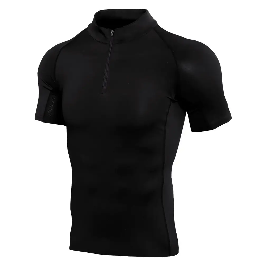 Men's Stand Collar Zipper Fitness Short Sleeve Training Running Stretch T-shirt