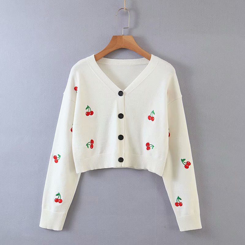 Title 4, Long sleeve V-neck Straight Cherry Embroidered ...