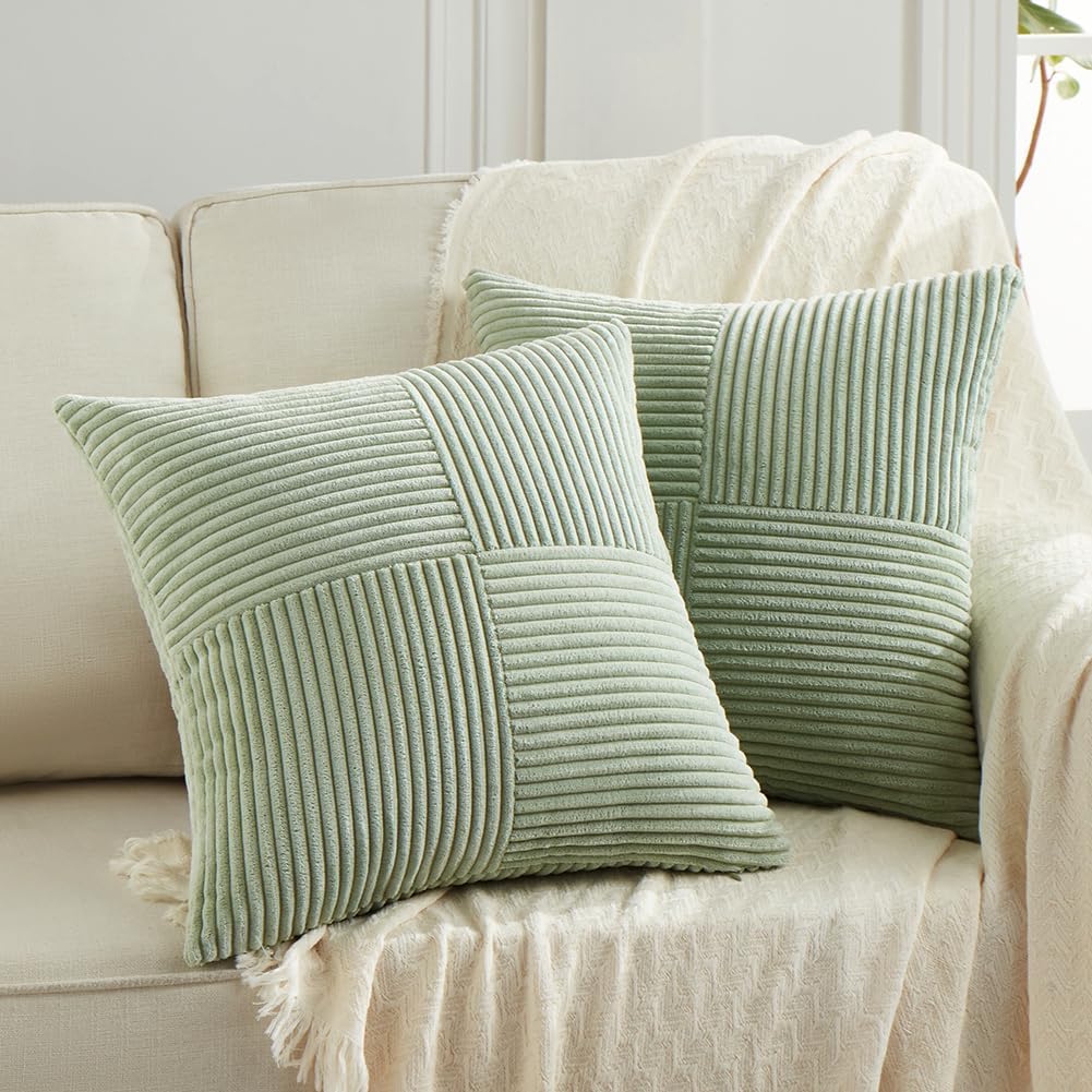 Corduroy Throw Pillow Covers 2 Pack, 14x14 Inch Sage Green Patchwork Cushion Cases For Couch, Sofa, Bed And Farmhouse Decor