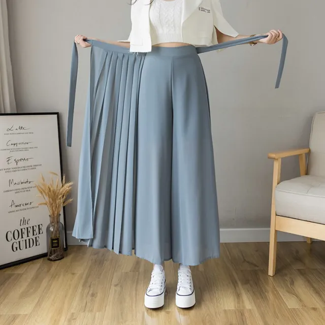 Women's Pleated Chiffon Plus Size Elastic Waist Casual Pant Skirt Blue - Shop at LoveMi