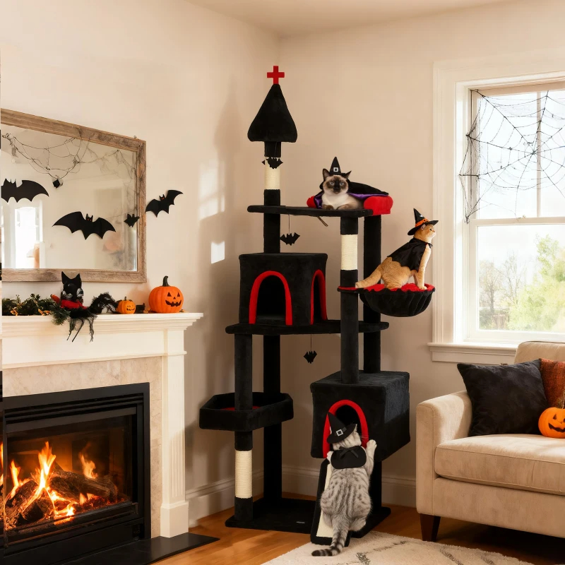 Gothic Cat Tree, Cat Tower With Coffin Bed, 2 Spacious Condos, Sisal Scratching Posts, Bat Hanging Balls, Halloween