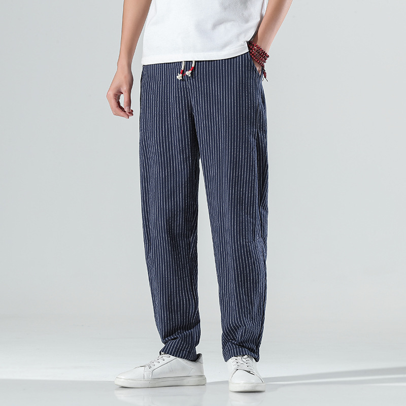 Summer New Loose Cotton And Linen Men's Striped Casual Pants