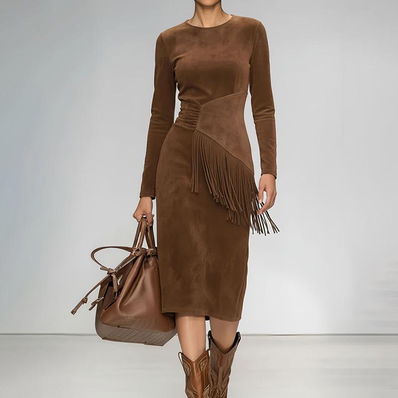 Women's Vintage Western Suede Look Maxi Dress Boho Fringe & Waist Ruffle Detail Bodycon Gown Brown - Shop at LoveMi
