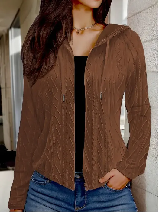 Textured Full Zipper Jacket Brown - Shop at LoveMi