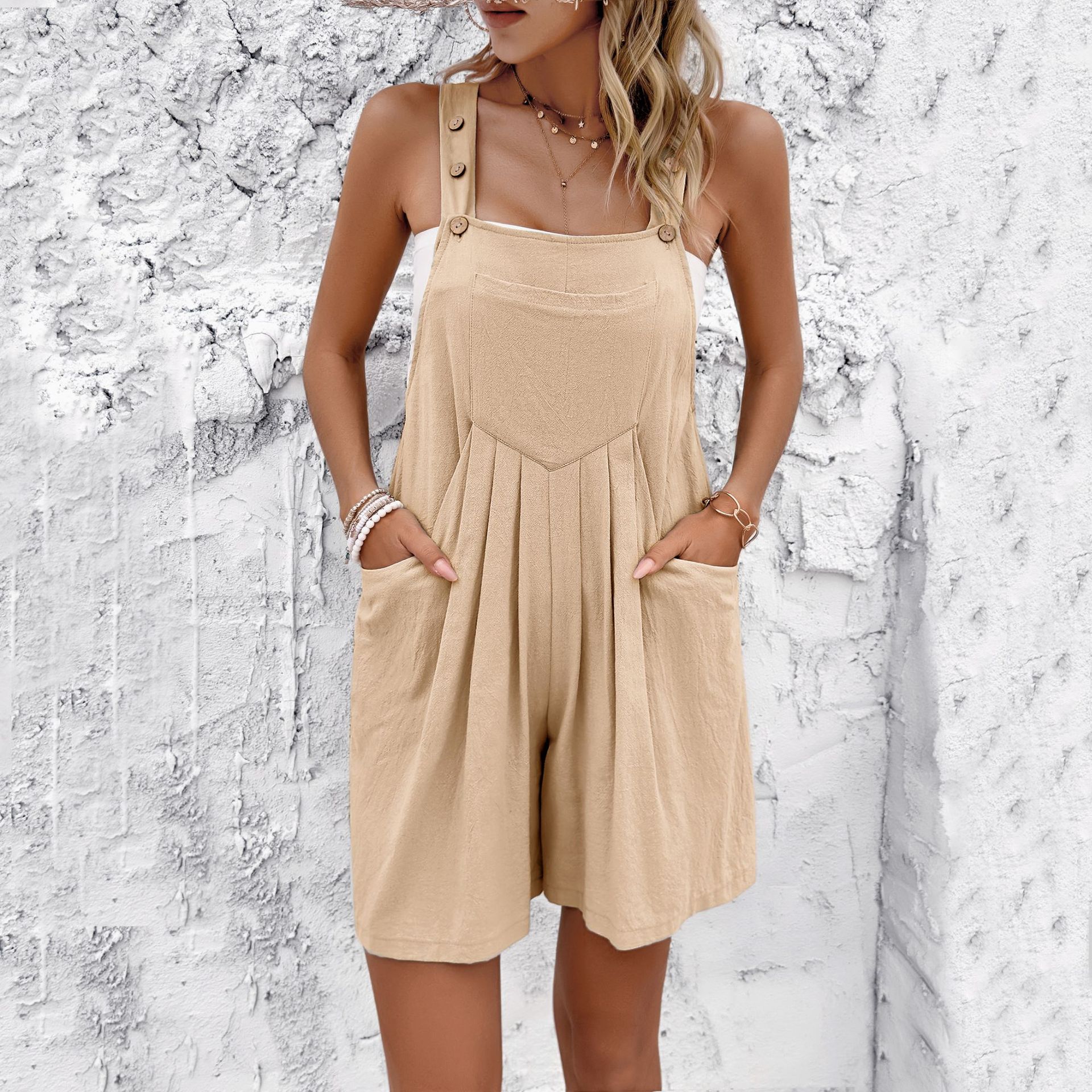 Casual style Solid Color Suspenders Short Jumpsuit Apricot - Shop at LoveMi