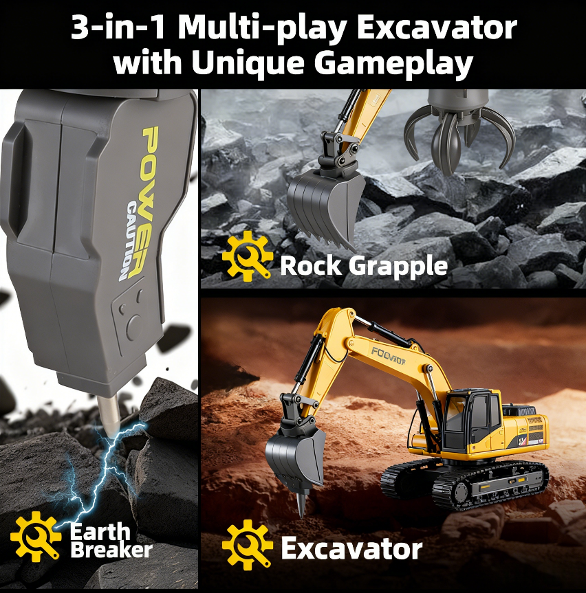 Three-in-one Aluminum Alloy Toy Excavator, 13 Channels, Comes With Three Replacement Heads. 1 24 High-reduction Simulation, LED Lights, Realistic Sound Effects, Can Run For 25-30 Minutes
