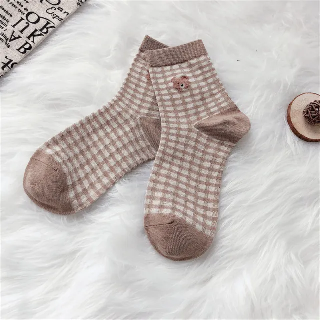Cute Cartoon Bear Socks For Women Ins Plaid Bear - Shop at LoveMi