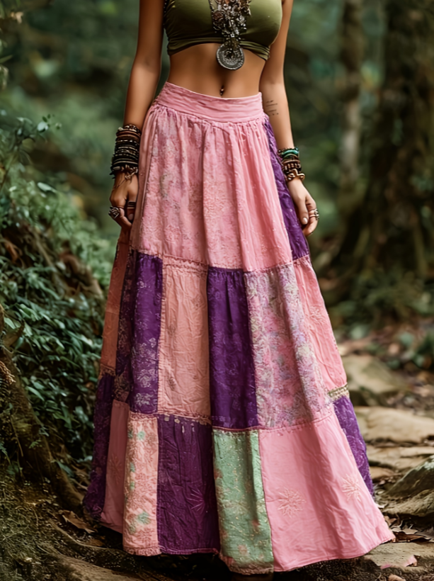 Bohemian Ethnic Style Patchwork Printed High-waist Flared Long Dress