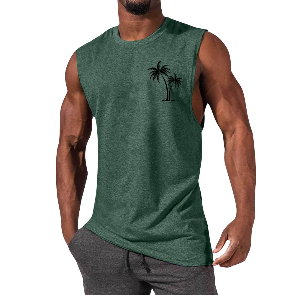 Coconut Tree Embroidery Vest Summer Beach Tank Tops Workout Muscle Men Sports Fi