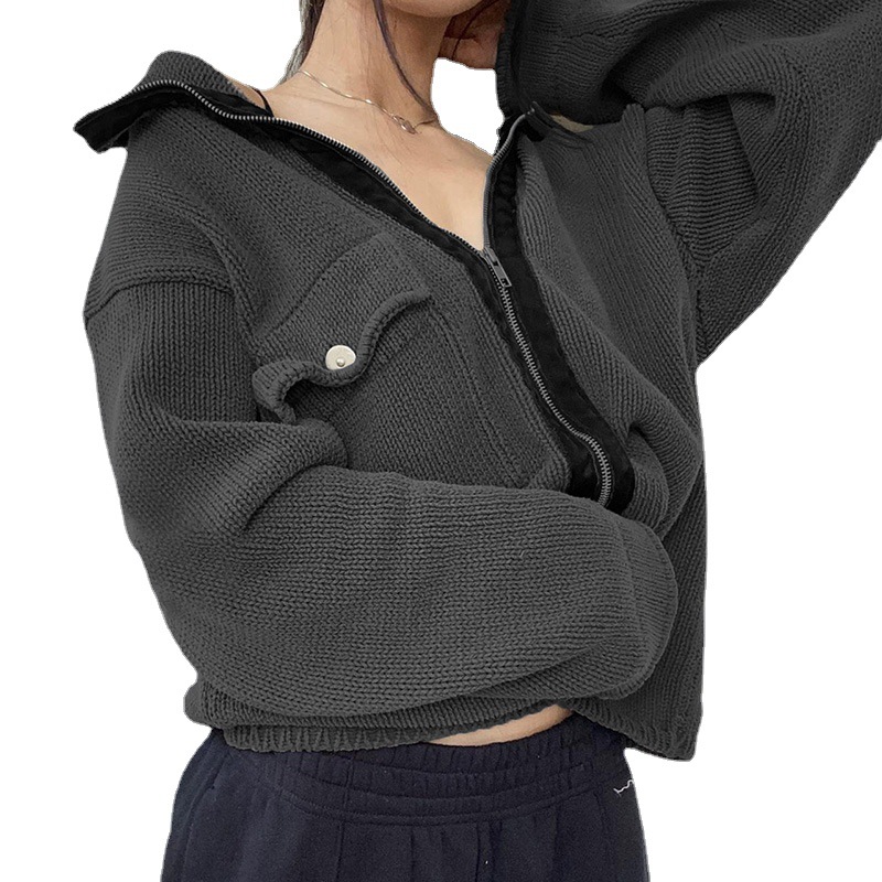 Women's Workwear Stand Collar Contrast Knitted Knit Jacket