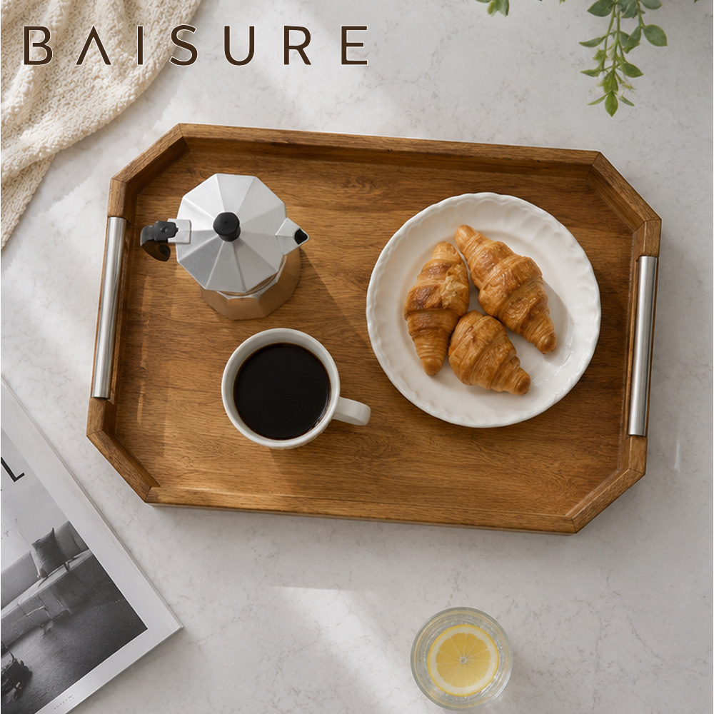 Beveled Edge Acacia Wood Tray Cafe Breakfast Serving Tray With Stainless Steel Handles