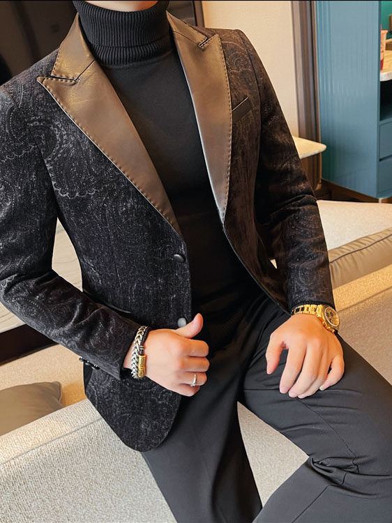 Jacquard Velvet Leather Lapel Men's Blazer