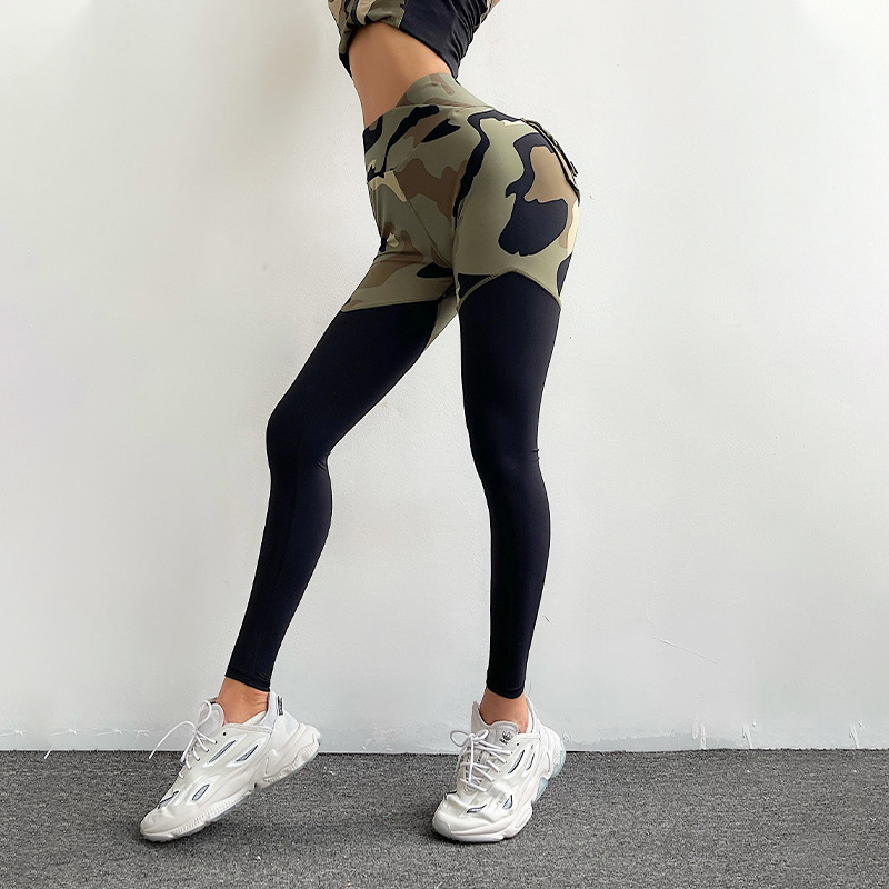 Workwear Style Camouflage Stitching Fitness Pants Women's Hip Lift High Waist Tight Camo Patchwork - Shop at LoveMi