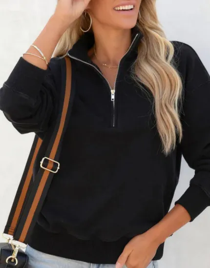 Solid Color Women's New Zip Lapel Long Sleeve Pullover Sweater Black - Shop at LoveMi