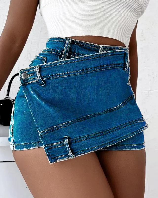 Y2K Street Vintage Denim Shorts Stretch Overlap Waist Wrap Solid Asymmetrical Hem A Line Skinny Mini Skorts Skirt Blue - Shop at LoveMi